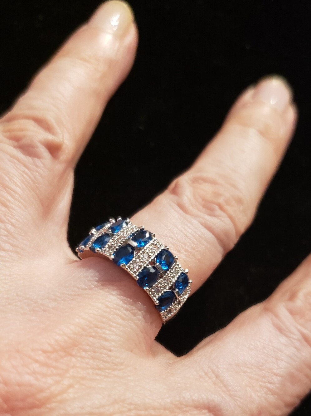 NEW Blue Sapphire Stamped 925 Fashion Ring, Wide Band W/oval Stones & Pavé - Picture 3 of 6